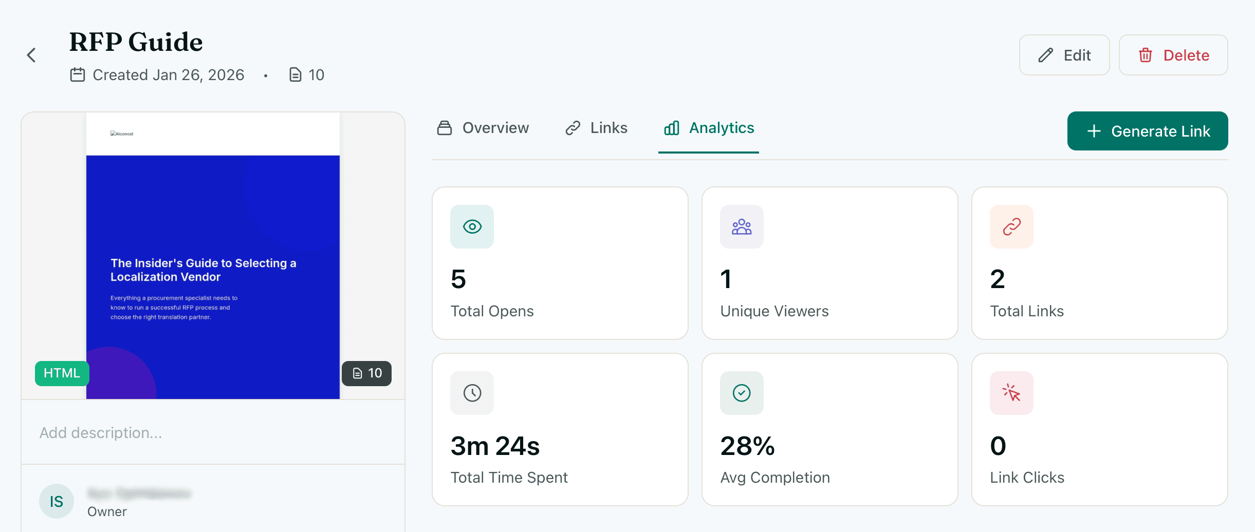 Document analytics dashboard showing views, engagement, and per-page tracking