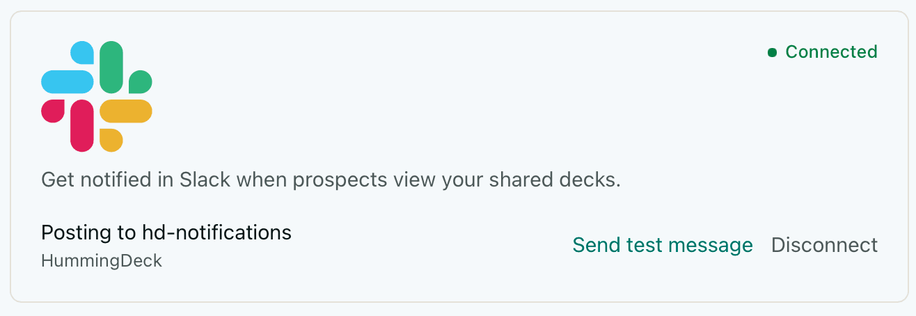 HummingDeck Slack integration connected status in workspace settings