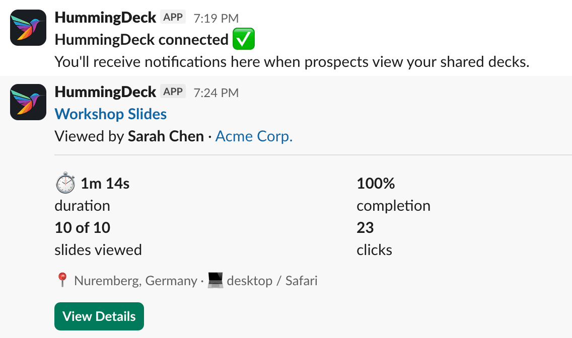 Slack notification from HummingDeck showing document viewer engagement details