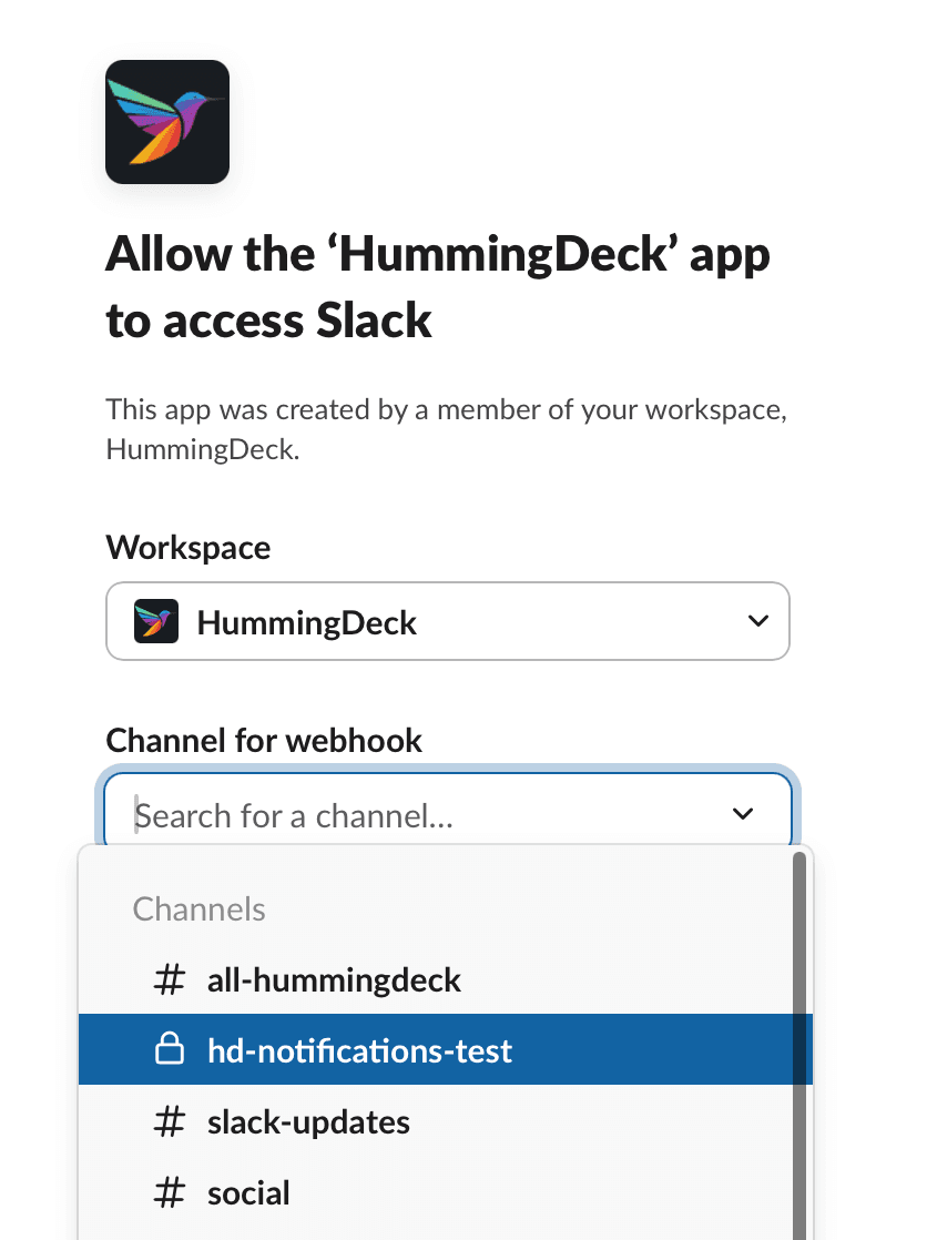 Slack permission screen for selecting workspace and notification channel