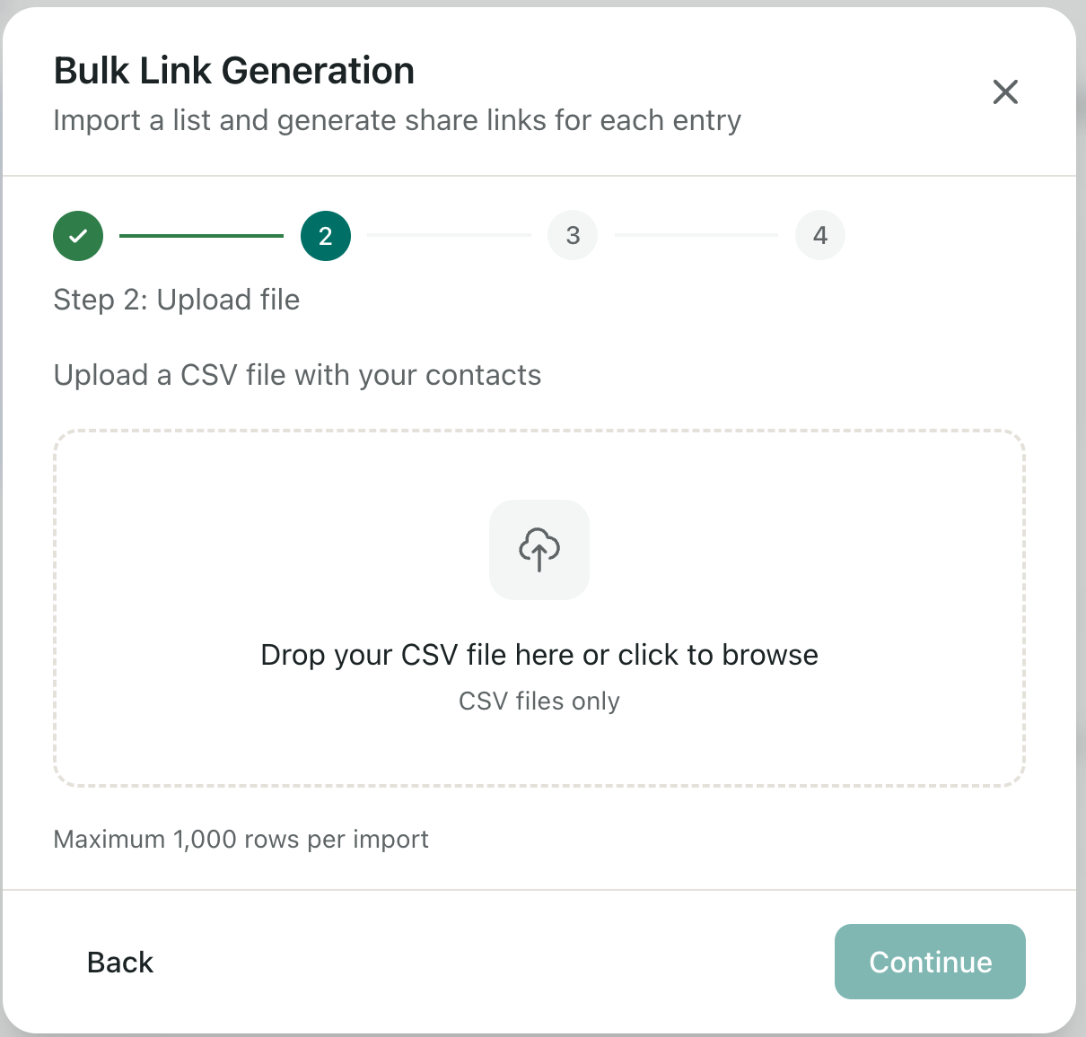 HummingDeck Bulk Link Generation modal, Step 2: Upload file. Drop zone for CSV upload. Footer note: 'Maximum 1,000 rows per import.'