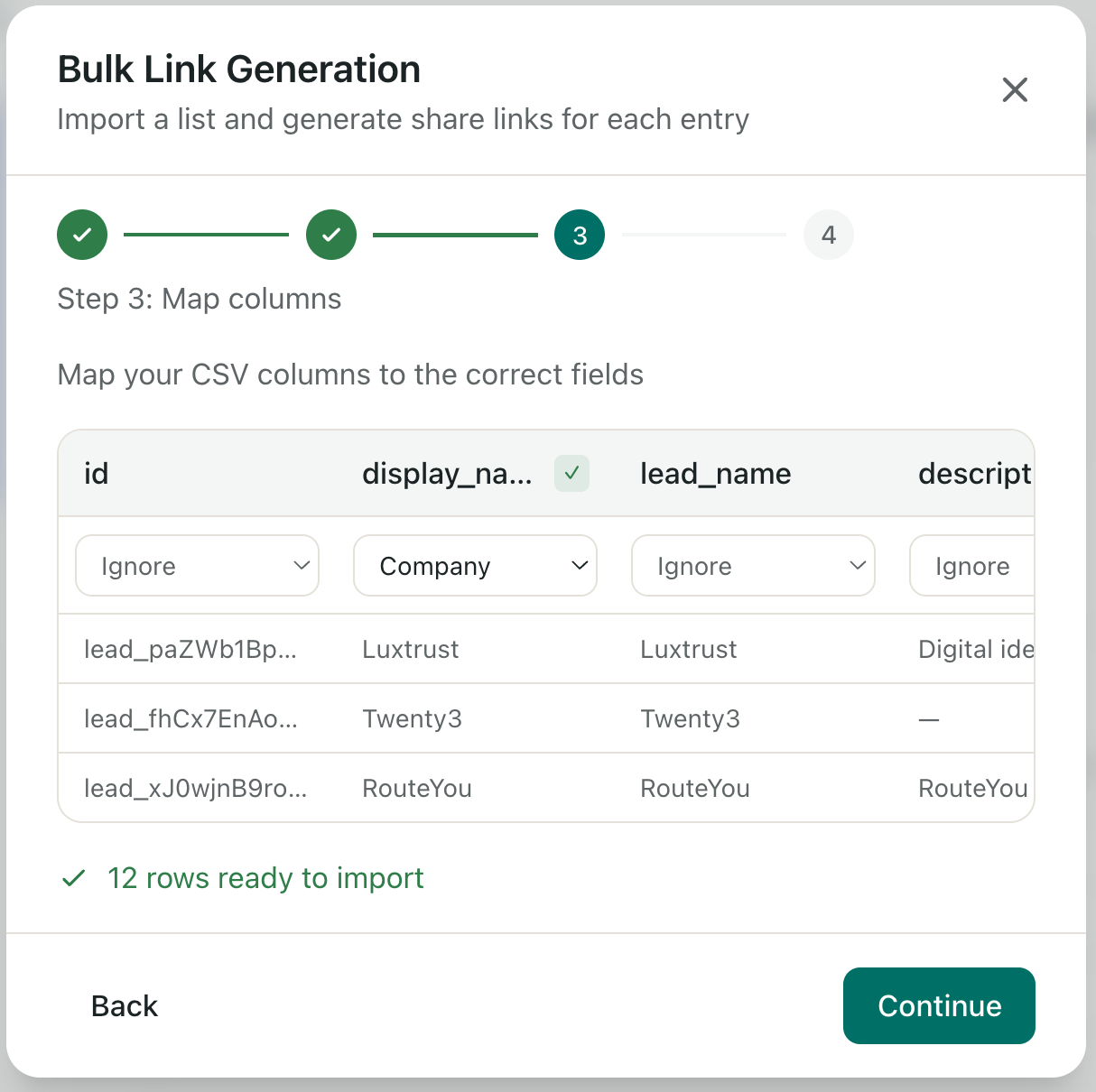 HummingDeck Bulk Link Generation modal, Step 3: Map columns. Sample shows three CSV columns parsed: id, display_name, lead_name, description. Each column has a dropdown to map to a HD field (Ignore, Company, etc.). The display_name column is mapped to Company. Status indicator at the bottom: 12 rows ready to import.