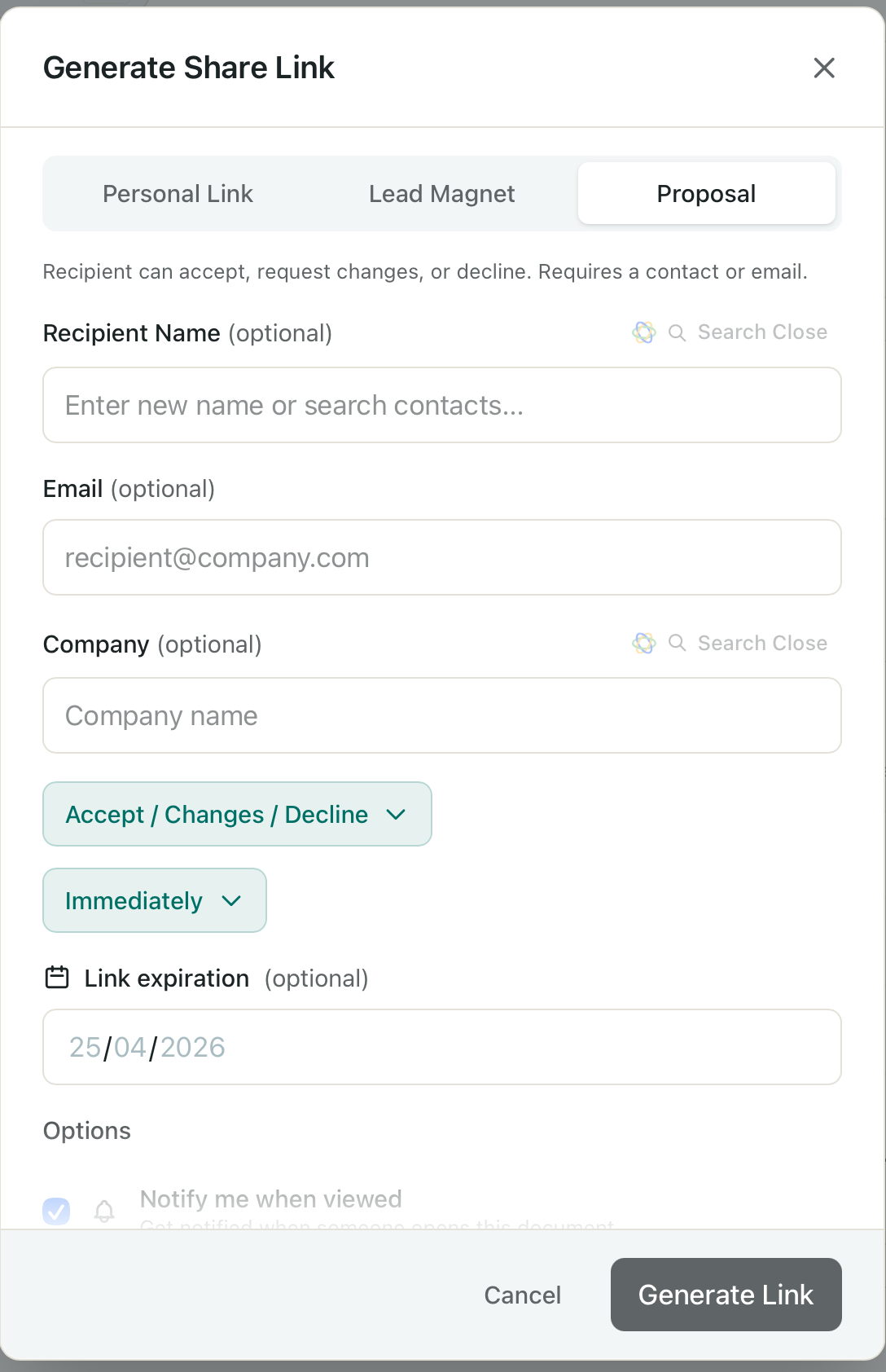 HummingDeck Generate Share Link modal with three tabs: Personal Link, Lead Magnet, Proposal. The Proposal tab is selected. Helper text reads 'Recipient can accept, request changes, or decline. Requires a contact or email.' Form fields: Recipient Name (optional), Email (optional), Company (optional). Two configuration dropdowns below the form: a response-style dropdown showing 'Accept / Changes / Decline' selected, and a trigger dropdown showing 'Immediately' selected. Below those: Link expiration date field, then Options including a 'Notify me when viewed' checkbox. Buttons at the bottom: Cancel and Generate Link.
