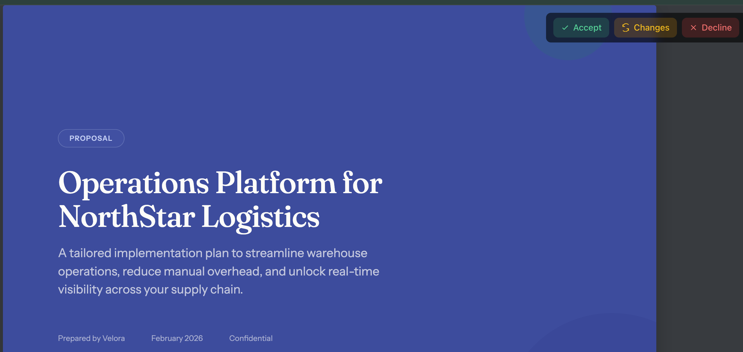 Recipient view of a proposal titled 'Operations Platform for NorthStar Logistics' inside the HummingDeck viewer. In the top-right corner of the viewer header, three buttons are visible: a green Accept button (with check icon), an amber Changes button (with refresh-arrow icon, meaning 'request changes'), and a red Decline button (with X icon).