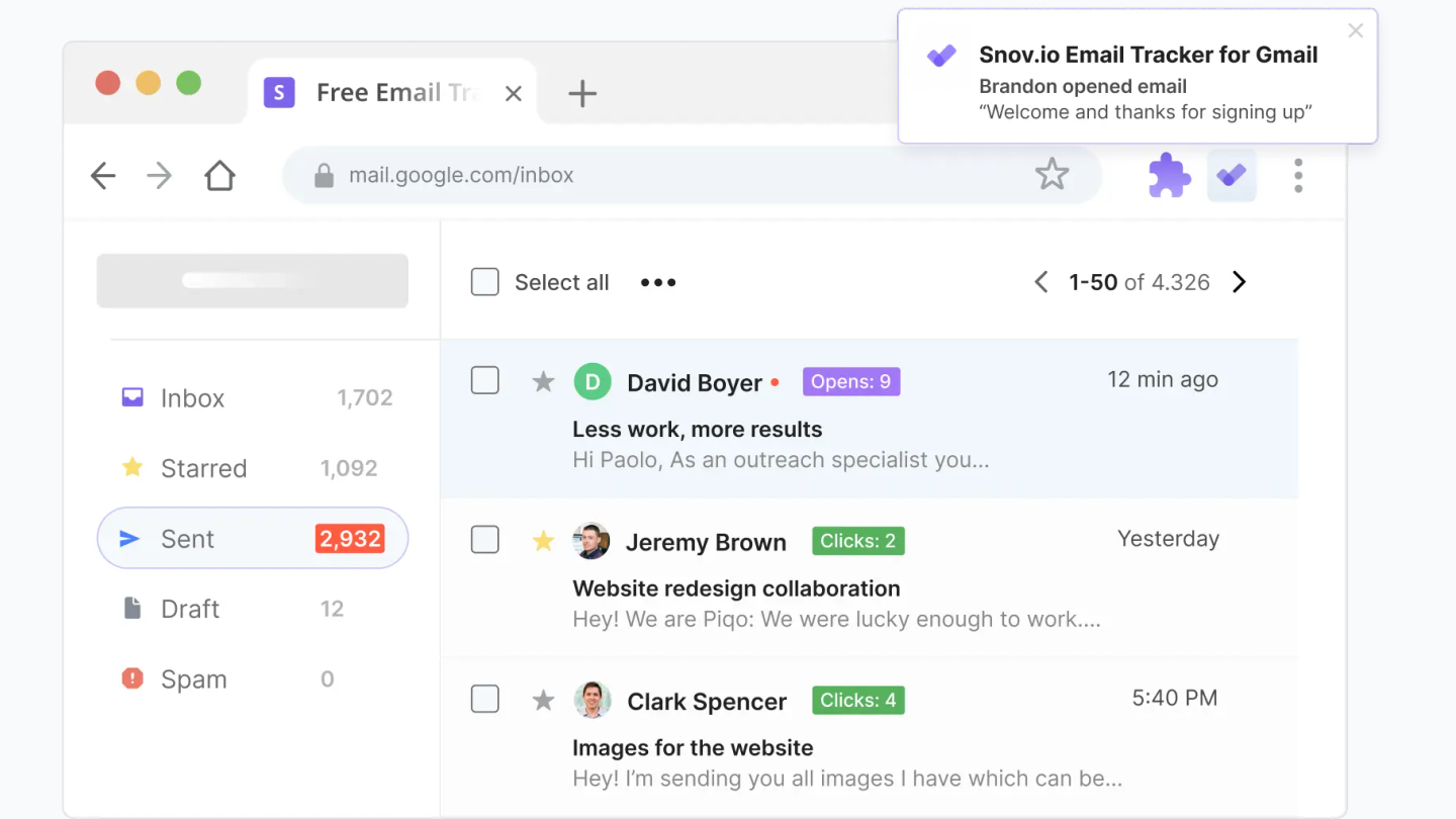 Snov.io Email Tracker in Gmail showing open and click counts with a real-time notification