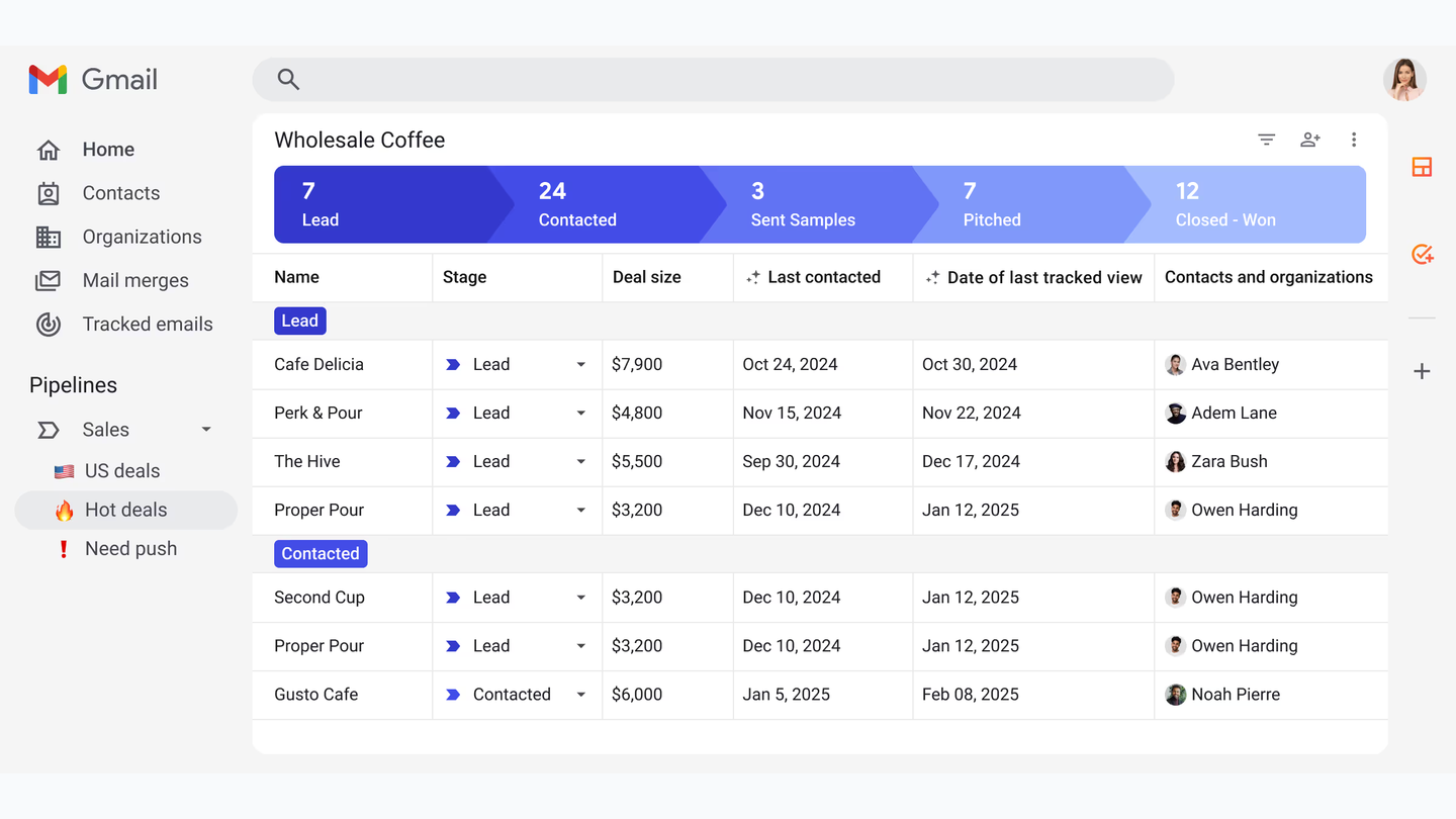 Streak CRM pipeline in Gmail showing deal stages and the date of each lead's last tracked email view