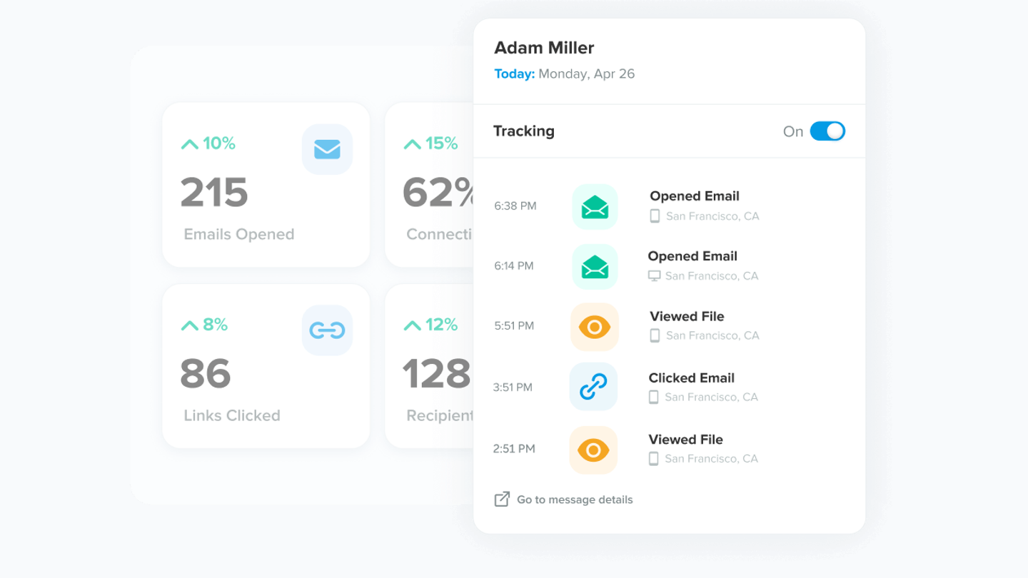 Yesware email activity dashboard showing opens, link clicks, file views, and tracking events