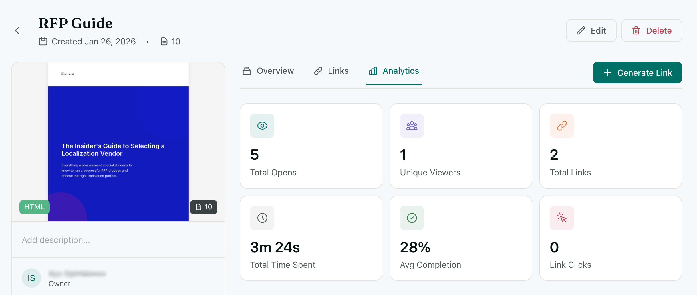 Document detail page showing engagement analytics, viewer activity, and share links