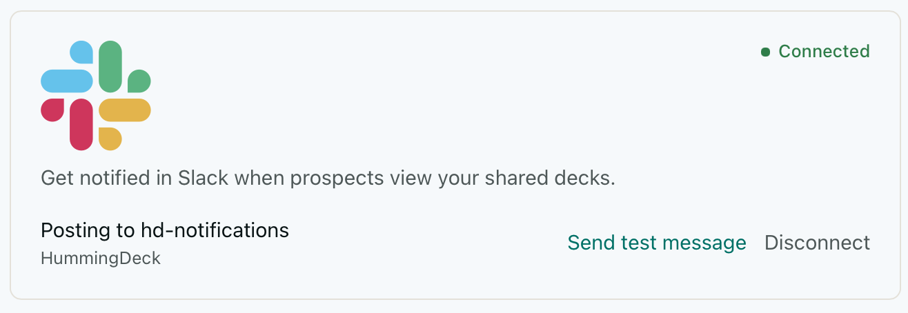 Slack connected status in HummingDeck settings