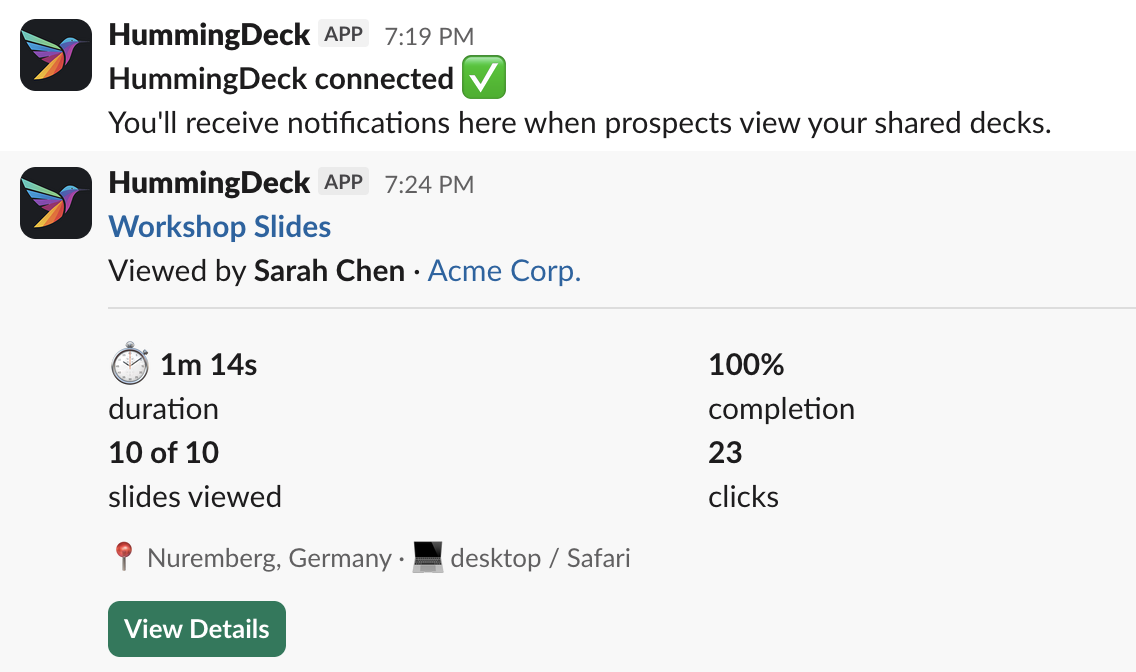 Slack notification from HummingDeck showing viewer engagement details