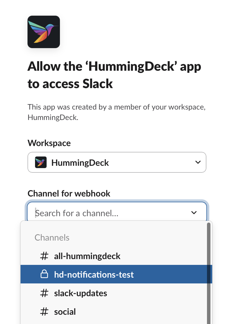Slack permission screen for selecting workspace and channel